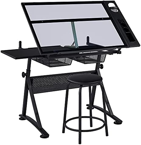 Yaheetech Adjustable Drafting Table & Stool, Tilting Glass Art Desk