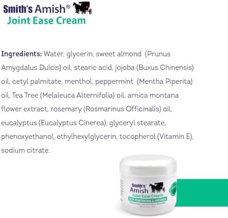 Smith's Amish Joint Ease Cream - Soothing Cooling Formula - 4 oz Jar | For Joint Discomfort, Stiffness & Muscle Tension - Arnica, Peppermint