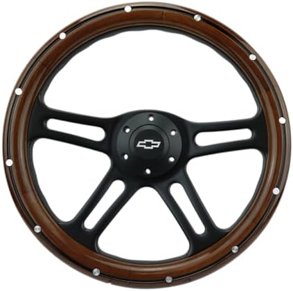 14" Billet Black Aluminum Steering Wheel w/Real Mahogany Wood Rivet Half wrap & Chevy Engraved Horn