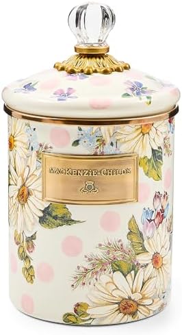MACKENZIE-CHILDS Enamel Canister, Medium, White Butterfly Garden | Hand-applied design, made from enameled steel, versatile kitchen storage container for flour and sugar, 48-ounce capacity