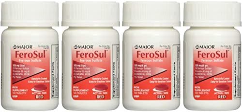 Ferrous Sulfate FC 325mg (5GR) Generic for Feosol Red Tablets 100 Tablets per Bottle 4 Pack Total 400 Tablets by Major Pharmaceuticals