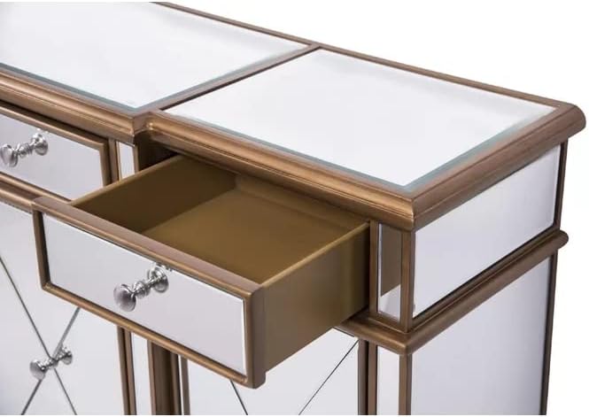 60 Inch Gold Wood Frame Mirrored Panels Andrea Storage Sideboard Buffet Cabinet for Living Room