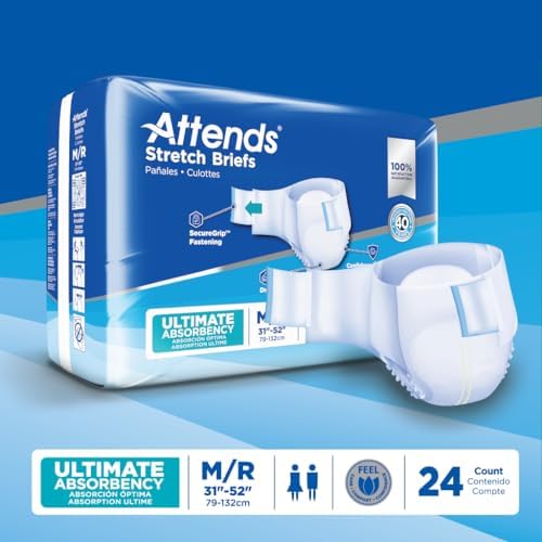 Attends Stretch Adult Incontinence Disposable Briefs, Large/X-Large, 40"-70" Waist with SecureGrip Tab Closure, Ultimate Absorbency with Dry-Lock Containment Core and Breathable Side Panels, 96ct Case