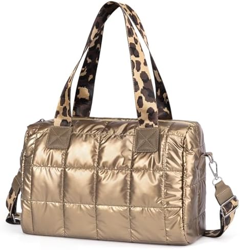 Quilted Gold Crossbody Tote Bag, Puffy Purses Top Handle Handbags, Puffer Shoulder Bag for Women
