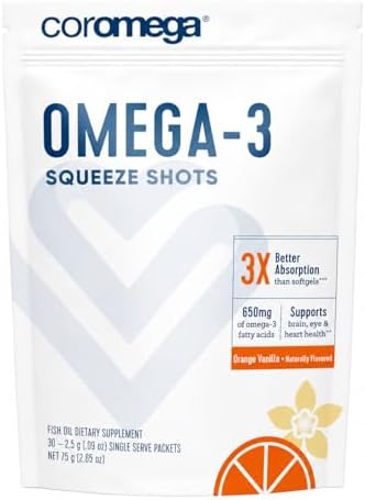 Coromega - Omega 3 Fish Oil Supplement - 30 Squeeze Packets - 650mg | Orange Flavor, 3X Better Absorption Than Softgels, Easy To Take, No Fishy Aftertaste, Convenient Daily Serving