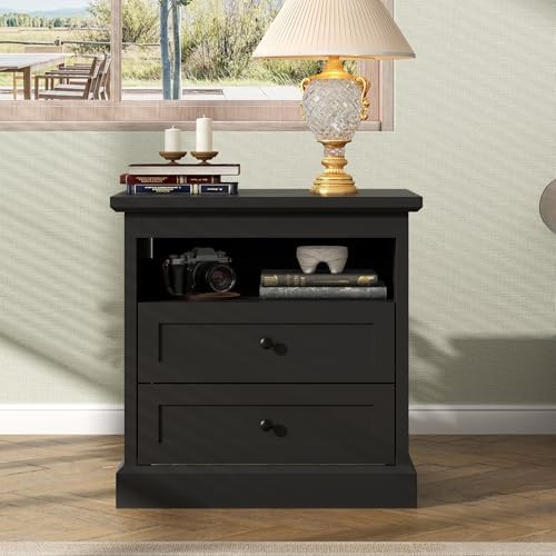 Nightstand with Hidden Storage Space,Night Stand,End Table with Side Drawer | Black Bedside Table with Open Shelf, 2 Drawers Dresser for Bedroom, Living Room, Closet