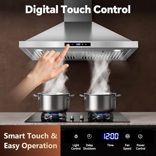 Tieasy Wall Mount Range Hood 30 inch Kitchen Hood 700 CFM with Ducted/Ductless Convertible Duct, Touch Control, Permanent Filters, Stainless Steel