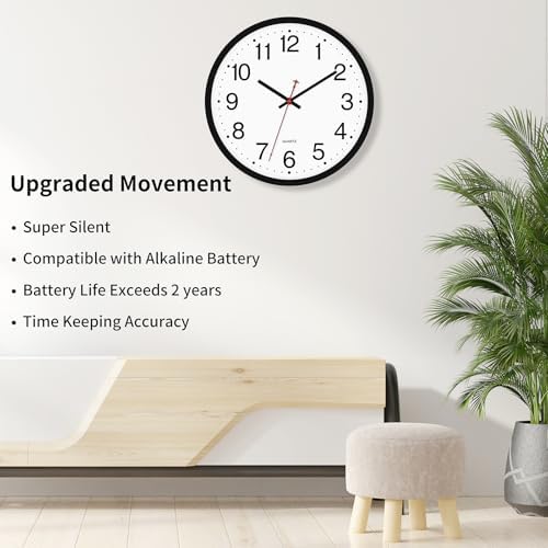 Foxtop 12 Inch Wall Clock Silent Battery Operated Analog Clock, Black