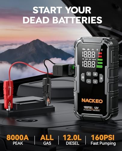 8000A Car Battery Jump Starter with Air Compressor 160PSI, Car Jumper Starter Portable (All Gas 12L Diesel), 12V Jump Box Car Battery with 600LM Light