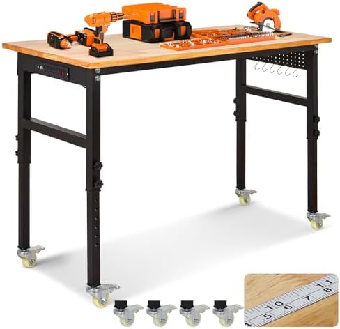 48" Adjustable Workbench, 8-Level Height Adjustable Rolling Work Table with Casters & Scale, Sit & Stand 2-in-1 Garage Tool Table with Pegboard & Hooks, for Workshop, Warehouse, DIY Projects