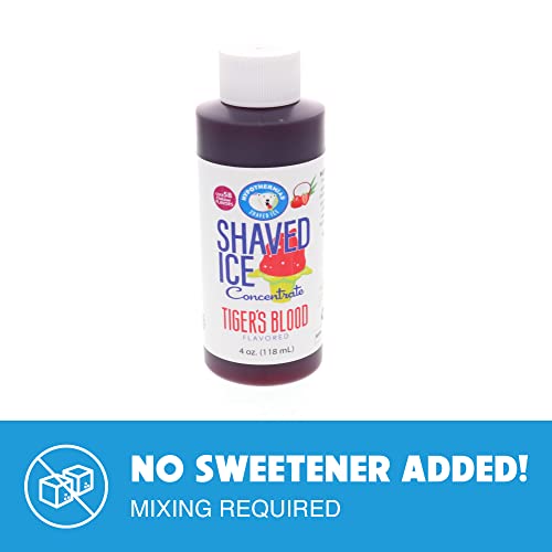Hypothermias Shaved Ice and Snow Cone Syrup Unsweetened Flavor Concentrate - 4 Fl Oz - Makes 1 Gallon of Ready to Use Syrup - Tiger's Blood - Must