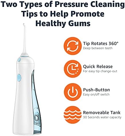 Amazon Basics HydroClean Portable Cordless Water Flosser for Teeth and Gums, 2 Pressure Tips, Removable Tank, 30 Seconds Water Capacity
