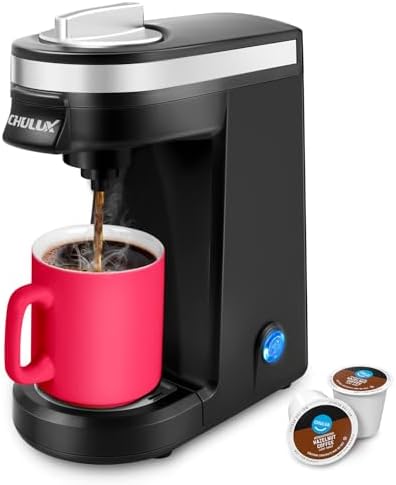 CHULUX Mini Single Serve Coffee Maker for K Pod, Brew Up to 12oz Cup, Black | Fast-Heating Boiler System, Single Cup Brewing, Portable Compact Design, Four-Hole Multi-Stream Needle, Adjustable Drip Tray