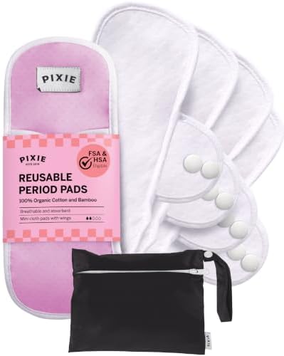 Pixie Cotton Cloth Pads for Feminine Care - 100% Organic Reusable Pads - Ranked 1 for Softest Menstrual Sanitary Napkins - Machine Washable & Includes Free Wet Bag - Menstrual Liner (Regular)