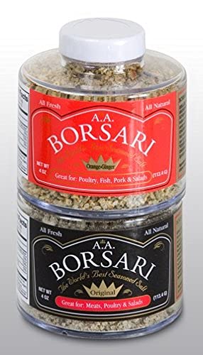 Borsari Seasoned Salt Combo - Multi-Use All Purpose Original and Orange Ginger Seasonings - Gourmet Sea Salt Blends With Herbs and Spices - Set of 2, 4 oz Shaker Bottles