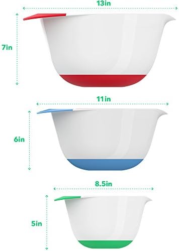 Vremi 3 Piece Plastic Mixing Bowl Set - Nesting Mixing Bowls with Rubber Grip Handles Easy Pour Spout and Non Slip Bottom - Three Sizes Small Large