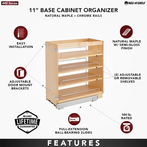 Rev-A-Shelf Pullout Kitchen Cabinet Organizer, Min Cabinet Opening 8.5" W | 8" W Slide Out Pantry Spice or Utensil Storage Rack with Adjustable Shelves for Base Cabinet Organization, 448-BC-8C