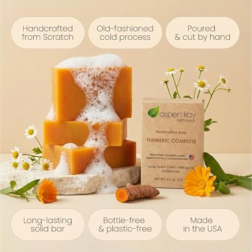 Turmeric Soap for Face & Body, Handmade, Cold Process, Organic. 4.5 oz | Gentle turmeric face wash & cleanser for glowing skin that feels refreshed, soft & balanced. Made in the USA