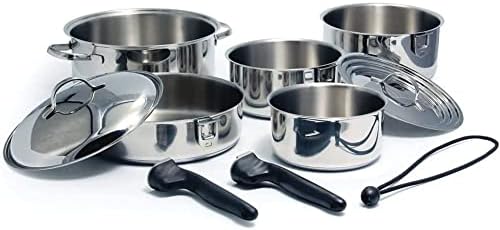Camco 7 Piece Stainless Steel Cookware Nesting Pots and Pans Set w/Lids, Detachable Handles & Storage Strap for Camping, Tailgating, and RV