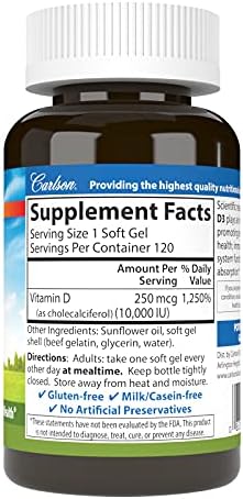 Carlson Vitamin D3 10000 IU (250 mcg), Bone Health, 120 Softgels | Muscle Health; Cholecalciferol; Vitamin D Supplements; Vitamin D3 Soft Gels