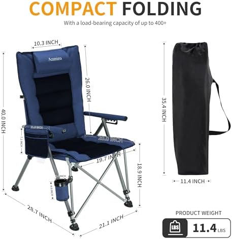 Adjustable Back Folding Camping Chair for Camp, Picnic, Lawn, Fishing | Adjustable Back; Weight Capacity 400 LBS;Hard Arm Portable Chair;Cup Holder;Storage Bag;carrying bag