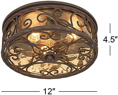 Casa Seville 12" Walnut Rustic Indoor-Outdoor Ceiling Light Fixture | Flush-Mount Dark Scroll Water Glass Damp Rated for Exterior House Porch Patio Outside Deck Garage Front Door Home