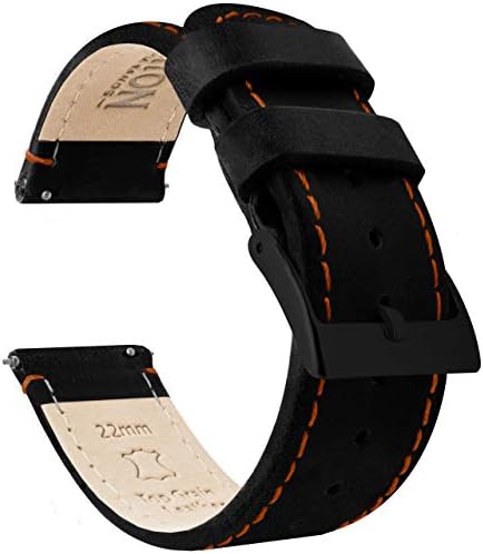 BARTON Quick Release Leather Black Buckle Watch Band Strap - Choose Color - 16mm, 18mm, 20mm, 22mm or 24mm - Black/Orange Stitching 22mm