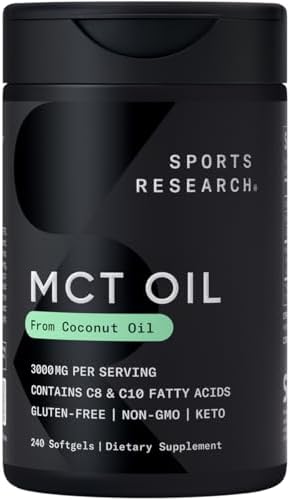 Sports Research® Coconut MCT Oil 3000mg, 120 Softgels | Coconut Derived C8 & C10 Medium Chain Fatty Acids (MCT'S) | Travel-Friendly Softgels, Keto, Paleo, & Gluten-Free