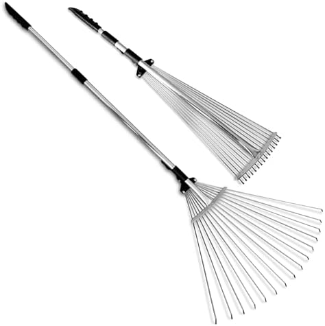 J16A Adjustable Metal Leaf Rake with Expandable Head 8-23", Collapsible & Telescopic Grass Rake for Lawns, Garden & Yard, Ideal for Leaves