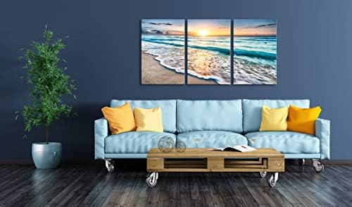 Wieco Art 3 Panel Blue Beach Canvas Wall Art for Home Decor Sunset White Wave Beach Pictures on Canvas Sea View Canvas Prints Artwork for Wall Decor