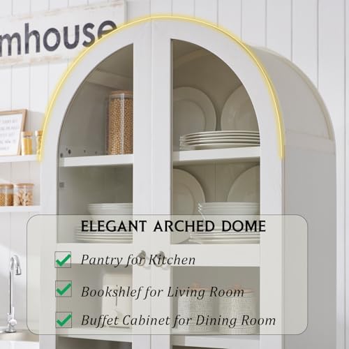 IFGET 71" Tall Arched Kitchen Pantry, Modern Farmhouse Wood Kitchens Storage Cabinets with 2 Large Drawers and Adjustable Shelves, Versatile Cupboard for Kitchen, Dining Room, Bathroom, Natrual