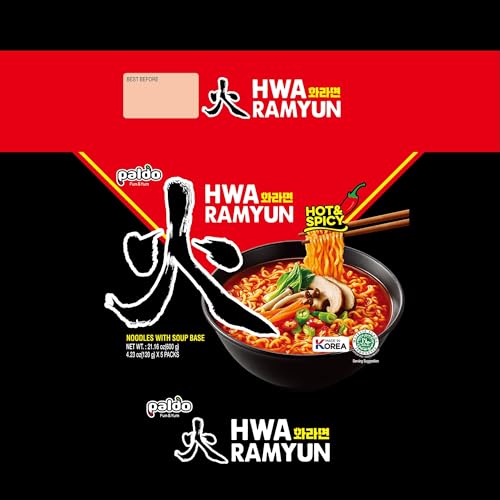 Paldo Fun & Yum Hwa Ramyun, Authentic Korean Imported, Spicy Soup Ramen, Quick & Easy to Cook Instant Noodles, Family Size 4/5-Pack