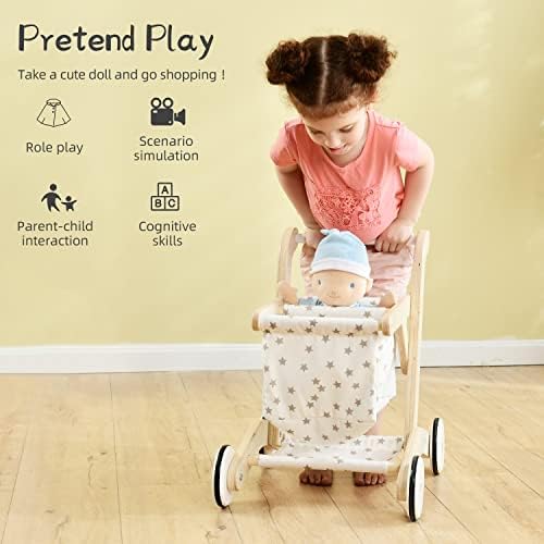 labebe Baby Push Walker, Wooden Shopping Cart with Doll Seat for Toddlers