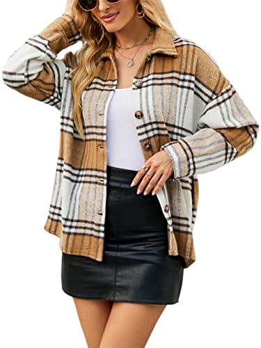 Yeokou Women's Plaid Flannel Shacket Oversized Button Down Long Sleeve Shirt Jacket Casual Spring Fall Outfits