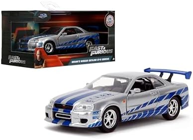 Jada Toys Fast & Furious 1:32 Brian's Nissan Skyline GT-R R34 Die-cast Car Silver/Blue, Toys for Kids and Adults