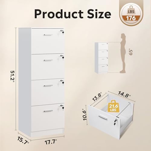 DEVAISE 3 Drawer Wood File Cabinet with Lock, Fits Letter and A4 Size | Wooden Tall Vertical Filing Cabinet, Home Office Printer Stand, Easy Assembly, White
