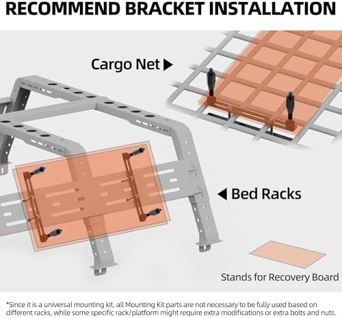 ALL-TOP Recovery Board Mount Kit, Universal Bracket for Traction Tracks, Adjustable DIY Lockable Pin Set for Roof Rack, Crossbar & Cargo Basket