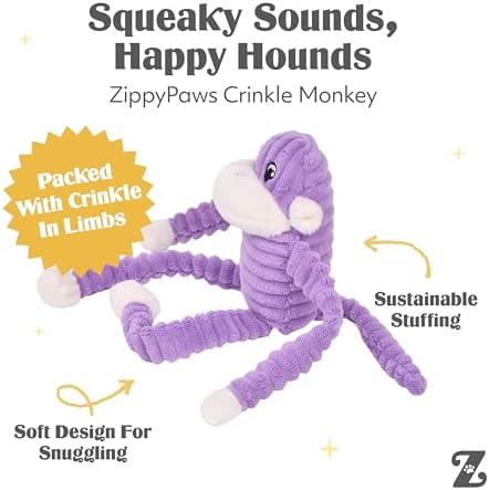 ZippyPaws Crinkle Monkey for Small and Medium Dogs - Small, Purple | Interactive Dog Toys to Keep Them Busy, Squeaky Plush Pet Toy for All Breeds