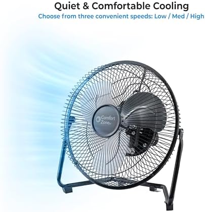Comfort Zone 9 inch Cradle Fan, 3 Speed Floor or Table Fan with180 Degree Tilt, Metal Construction and Aluminum Blades, Carry Handle, Rubber Feet, Ideal for Bedroom, Workshop, or Garage, Black