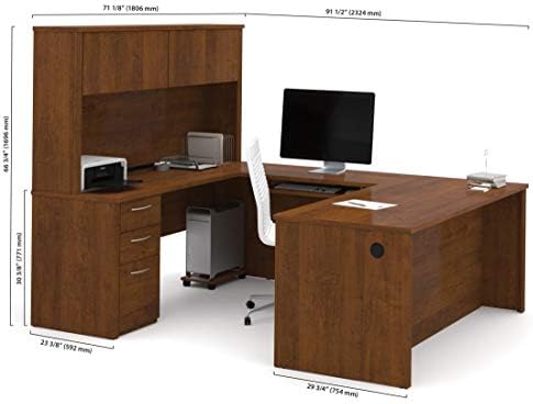 Bestar Embassy 72W U-Shaped Executive Desk with Pedestal and Hutch in Dark Chocolate | With Pedestal and Hutch, with Narrow Desk Shell, Desk Shell