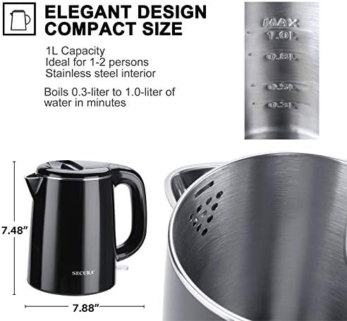 Secura Stainless Steel Double Wall Electric Kettle Water Heater for Tea Coffee w/Auto Shut-Off and Boil-Dry Protection, 1.0L (Orange) SWK-1001DO/HB-K012