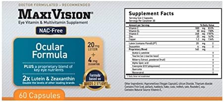 MaxiVision® Ocular Formula - AREDS2 - Eye Vitamins & Multivitamin - Lutein and Zeaxanthin - 1 Bottle (60 Capsules)
