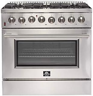 FORNO Galiano Dual Fuel 36" Inch. Freestanding Range 6 Sealed Brass Burners Cooktop - 5.36 Cu. Ft. Convection Electric Oven - Stainless Steel Stove
