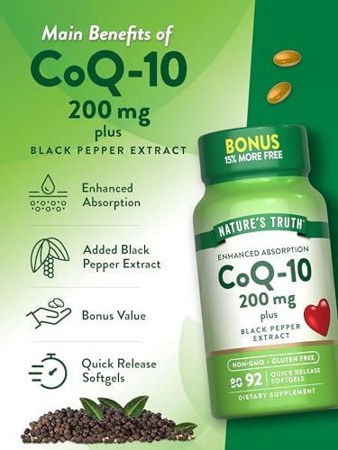 Nature's Truth CoQ10 200 mg Softgels | 92 Count | Enhanced Absorption | with Black Pepper Extract | Non-GMO & Gluten Free Supplement | with Black