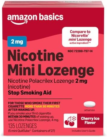 Amazon Basics Mini Nicotine Polacrilex Lozenge, 2 mg, Cherry Ice Flavor, Stop Smoking Aid, 135 Count (Previously Amazon Basic Care)