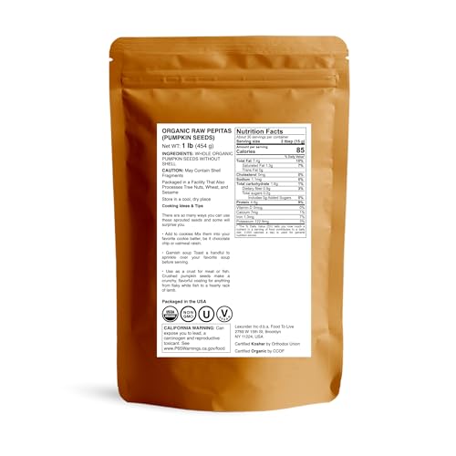 Food to Live Organic Raw Pepitas, 18 Pounds — Non-GMO, Pumpkin Seed Kernels, Unsalted, No Oil, No Shell, Vegan, Kosher, Bulk. Keto Snack.