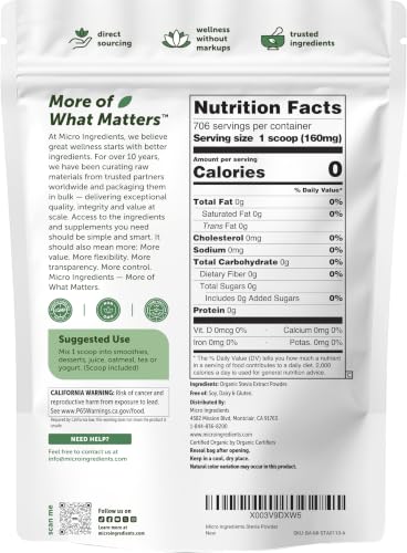 Micro Ingredients Pure Organic Stevia Powder, 8 Ounces, 1418 Serving, Highest Grade Green Leaf Extract Reb-A, Reduced Bitter Aftertaste, 0 Calorie, Natural Sweetener, Sugar Alternative, Keto Friendly