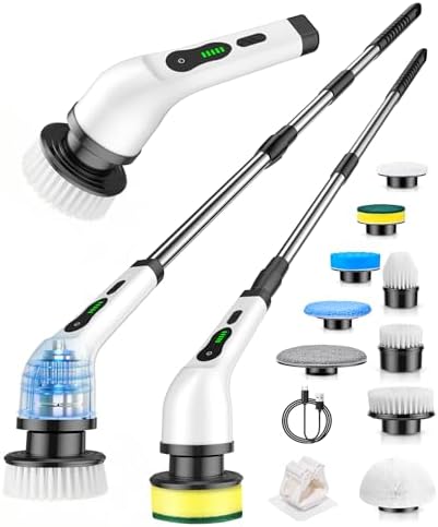 6-in-1 Cordless Electric Spin Scrubber with Long Handle | Power scrubber, bathroom scrubber, 47.2 in long handle, 2 speed scrub brush, IPX7 rated body, kitchen, tile, tub, floor