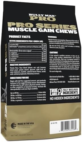 Bully Max 11-in-1 Dog Muscle Builder Power Chews - High Protein Muscle Gain Supplement with Amino Acids - Vet-Recommended for Puppy & Adult Canines