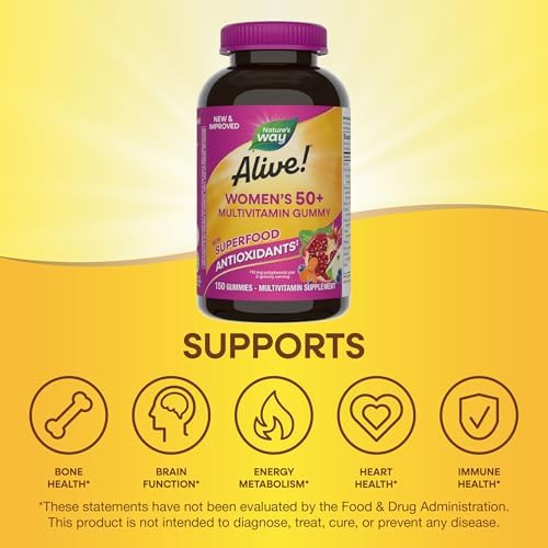Nature's Way Alive! Women's 50+ Multivitamin Gummies, Mixed Berry, 60 ct | Daily Gummy Multi with B-Vitamins, Vitamin D3 & Calcium to Support Heart, Brain, & Bone Health for Women 50 and Older*